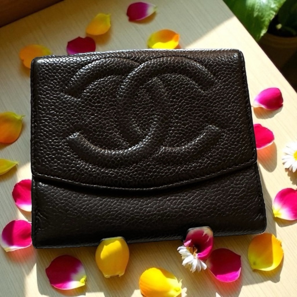 Chanel Black Caviar Leather Compact Wallet